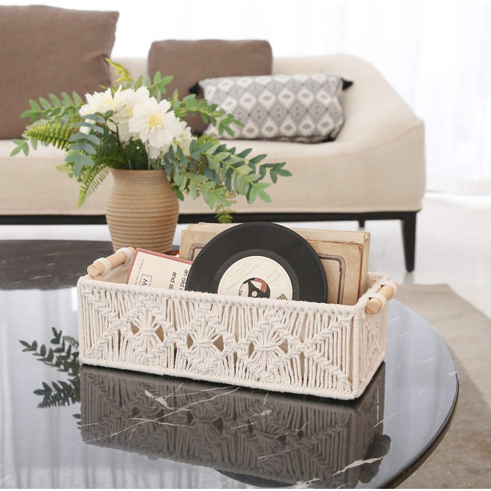 Macrame Hand Storage Baskets Decorative Box Handmade Woven Desktop Vanity Organizer Shelf Closet Organizer, Boho, for Bedroom, Kids' Room, Living Room, Set of 2, Ivory