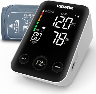 Тонометр Vimmk на плече, цифровий, для вимірювання артеріального тиску, LED-дисплей, виявлення аритмії та вимірювання пульсу, пам'ять на 2x120 показників, манжета 22-40 см, чорний
