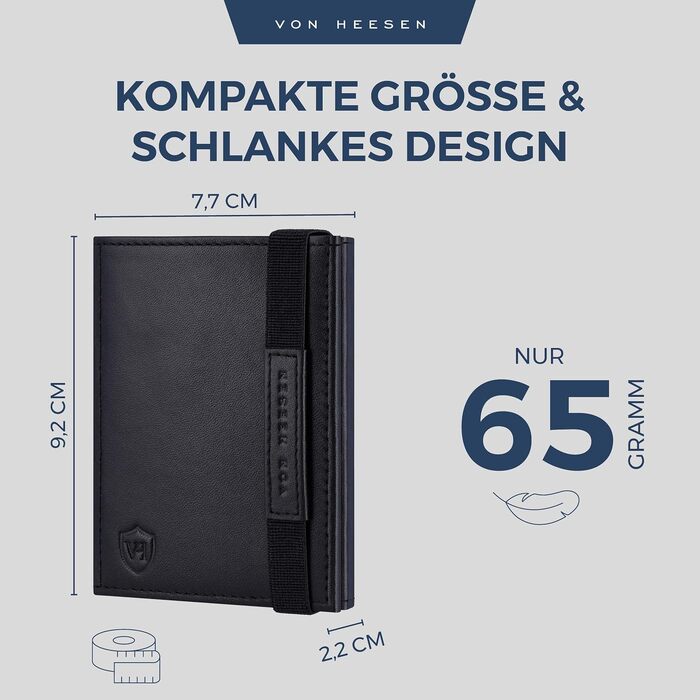 Шкіряний компактний гаманець VON HEESEN з RFID-захистом, міні-портмоне для чоловіків та жінок (чорний, гладка шкіра, з відділенням для монет)