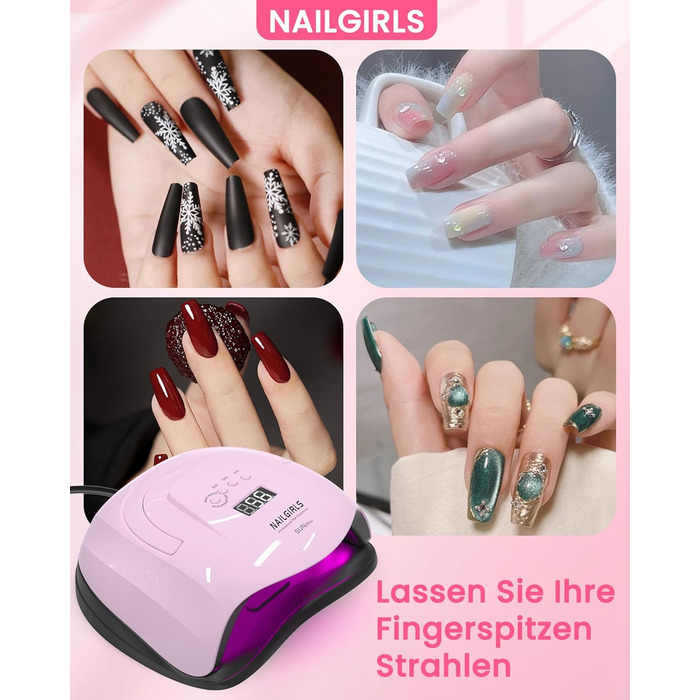LED UV лампа для нігтів NAILGIRLS 150W з таймером, датчиком, LCD дисплеєм та знімною магнітною платформою. Підходить для гель-лаку, нігтів рук та ніг (Рожевий 268W)