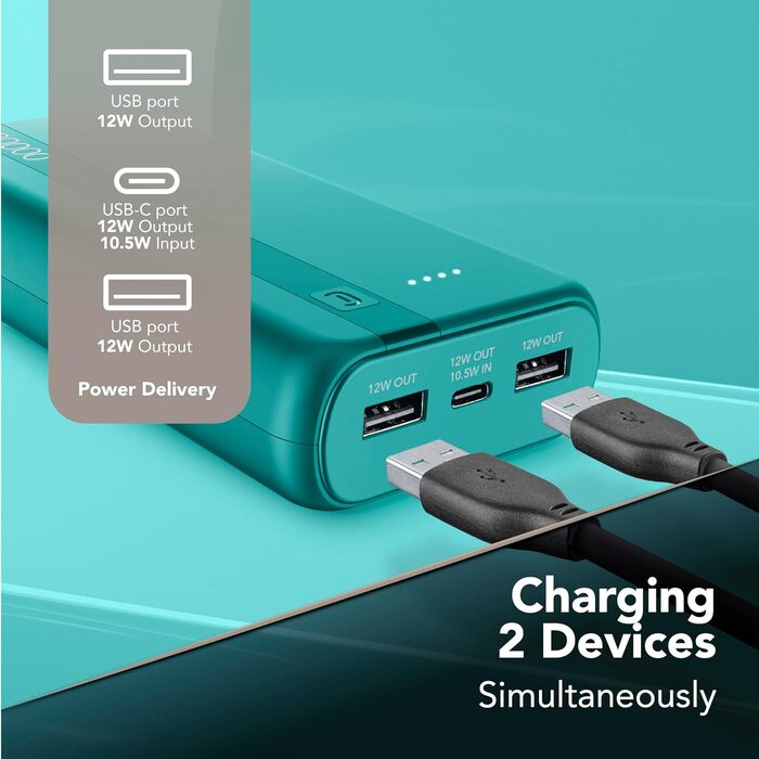 Power Bank Cellularline 20000 mAh з USB-C та 2x USB-A, LED-індикатор, Зелений