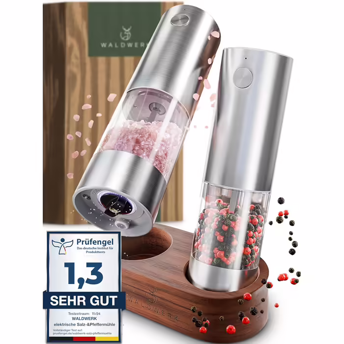 WALDWERK Electric Salt and Pepper Grinder (300 mAh Battery) - Pepper and Salt Mills with Elegant Acacia Holder - Electric Salt and Pepper Grinder - Electric Salt and Pepper Grinder Set