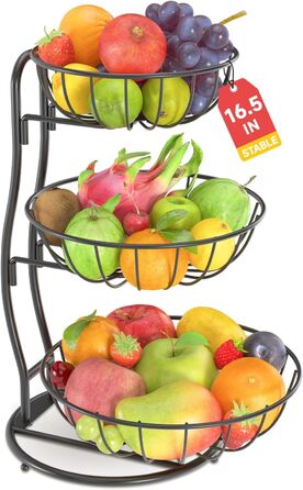 PouHenier 5-ярусная фруктова корзина для кухні, металева етажерка для фруктів та овочів, з тримачем для бананів, чорного кольору