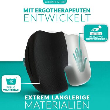 Ортопедична подушка для сидіння Goldschmieds® - для офісного крісла, авто та ін. - Знімає навантаження зі сідничної кістки, знеболює та покращує кровообіг. Made in Germany. Підходить для ваги 50-95 кг. Чорний пінополіуретан (Memory Foam)