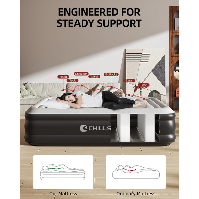 Надувна двоспальна матрац ChillSun з вбудованим електричним насосом, самонадування за 3 хвилини, велюрова поверхня, для дому, розмір Double/King (203x152x46 см)