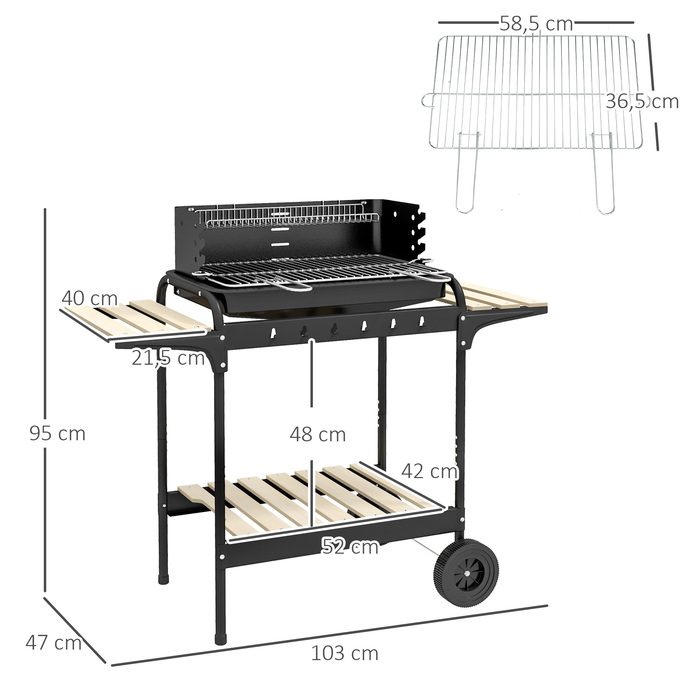 Дров'яний гриль Outsunny з металу BBQ Smoker на колесах, регульована по висоті решітка для гриля, полиця для дров, мобільний гриль-візок, вугільний гриль, гриль для барбекю, кемпінгу, тераси, 103x47x95 см | Aosom