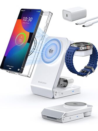 Магнітна бездротова зарядка Samsung з активним охолодженням 3-в-1 для Galaxy S26 Ultra, Watch 8 та Buds 4. Складана Qi зарядка для Android (Біла)