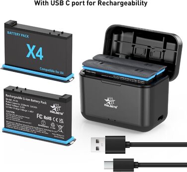 Акумулятор Melasta 2500mAh для Insta360 X4 (2 шт.) з зарядним пристроєм USB-C. Запасний акумулятор для екшн-камери Insta360 X4