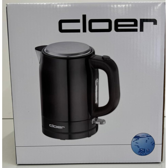 Електричний чайник Cloer 4511 з нержавіючої сталі, 2200 Вт, індикатор рівня води, захист від сухого кипіння та перегріву, 1 літр, чорний