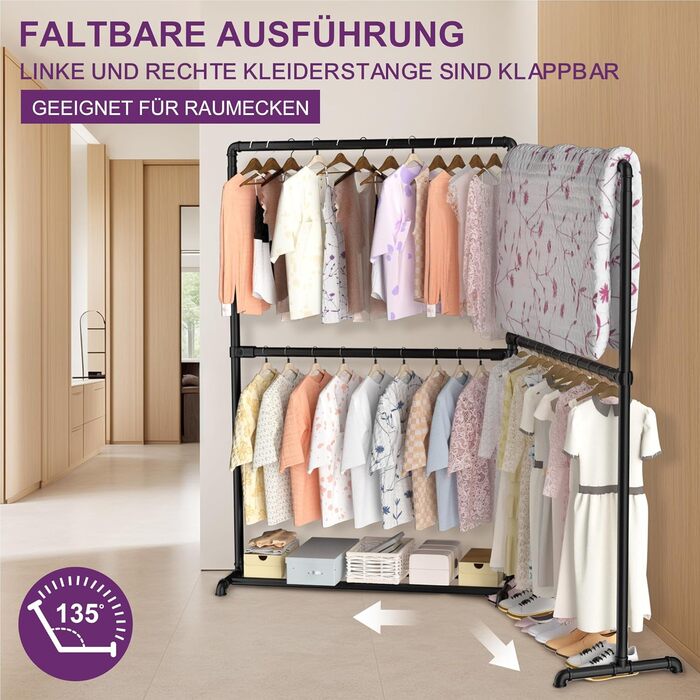 Міцна вішалка для одягу LOEFME з обертовими бічними панелями, металева стійка для одягу з полицею для зберігання, чорного кольору, 150 кг вантажопідйомність