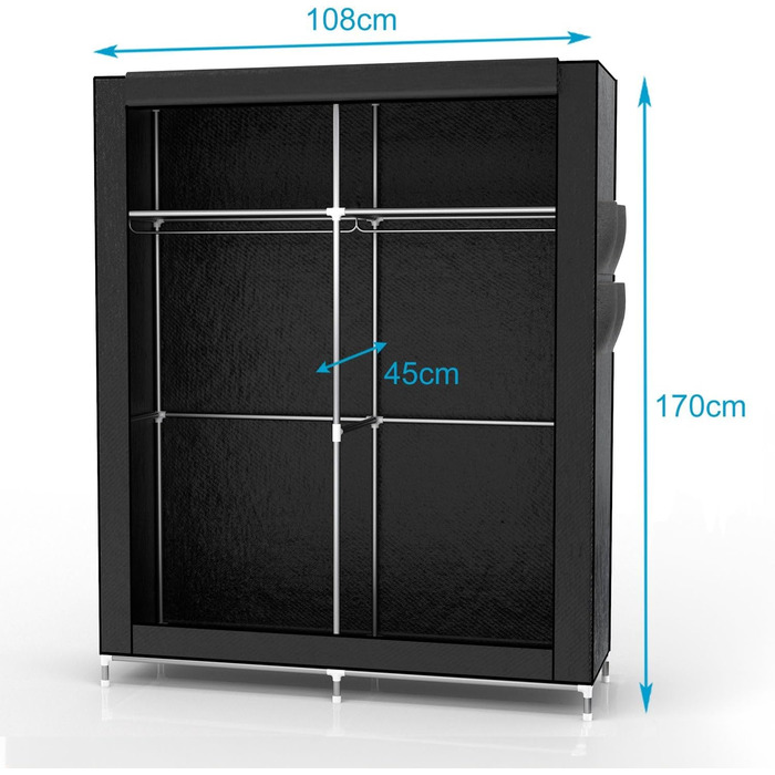 INTIRILIFE Folding Wardrobe 108x170x45 cm in Raven BLACK - Fabric Clothes Closet with Zipper and Clothes Rail, Side Pocket and Compartments - Shelf Unit, Metal Frame, Storage