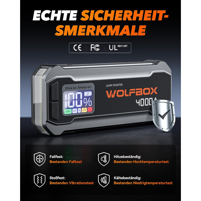 WOLFBOX Powerbank для запуску авто 4000A, 12V, з LED-ліхтарем та великим екраном, для легкових автомобілів, SUV, вантажівок та мотоциклів