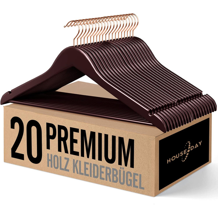Дерев'яні вішалки для одягу HOUSE DAY, 20 шт. - для костюмів, з антиковзким покриттям, поворотний гачок рожевого золота