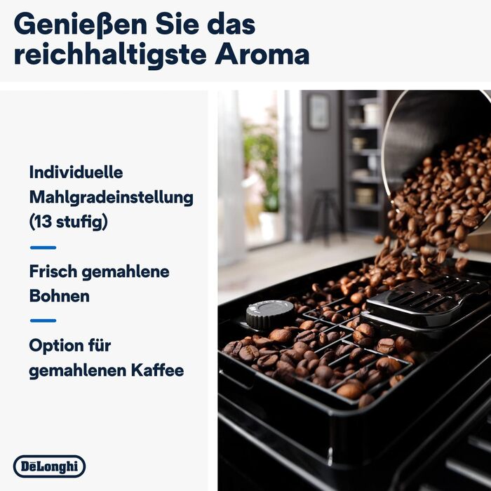 De'Longhi Magnifica Start ECAM222.20.B, fully automatic coffee machine with milk frother, for cappuccino, with espresso direct selection and 2x espresso function, 13-stage conical grinder, 1450 W, Black. Fully automatic coffee machine with touch display.