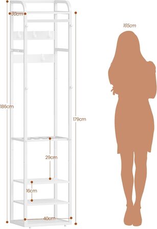 Настінна вішалка для одягу з 4 полицями та 13 гачками, 30 x 40 x 186 см, біла