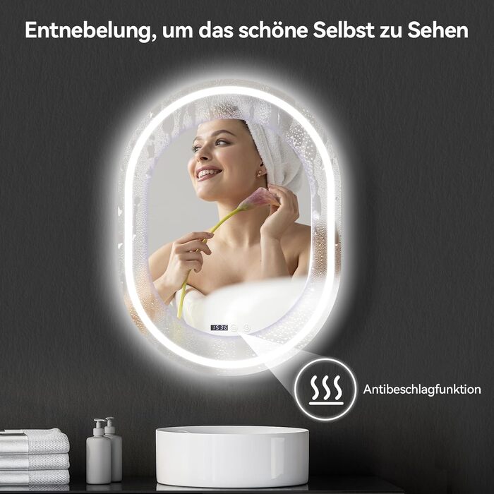 Дзеркало для ванної кімнати YOURLITE з підсвічуванням, 60 см, LED, сенсорне керування, 3 кольори світла, регулювання яскравості, антизапар, пам'ять, годинник, овальне, білий