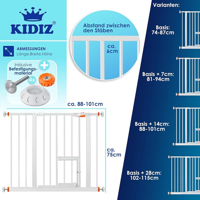 Захисне ворота KIDIZ для котів з люком, без свердління, для дітей, біле | 90° фіксація, поворотне, ширина: 88-101 см, помаранчевий
