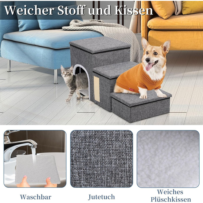 Сходинки для собак Upgrade XL, сірі, 90x35x43 см, 3 сходинки, для великих собак, котів, ліжка, дивана