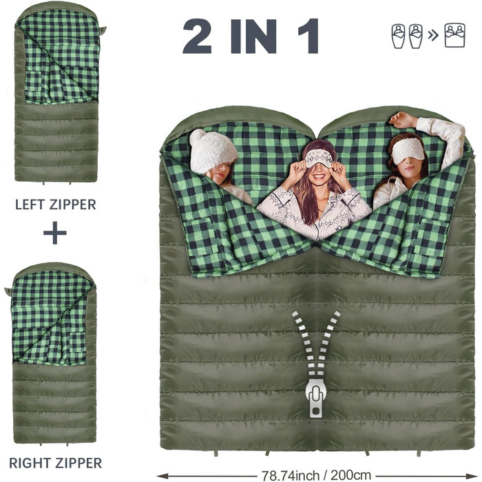 Спальний мішок Poepore Outdoor Winter для дорослих, Extra Wide, 3-4 сезони, XXL, теплий бавовняний фліс, 230*100см, 0°C