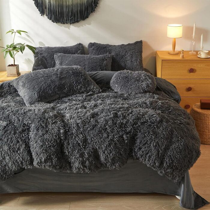 Soifox Plush Bedding Set 220x240 Beige - Winter Fluffy Warm Duvet Cover with Zipper and 2 Pillowcases 80x80 cm Cozy 220 x 240cm + 2x 80 x 80cm Beige