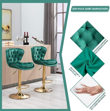 Emerald Velvet Bar Stools - Set of 2 | Adjustable Swivel Barstools for Kitchen & Home Bar