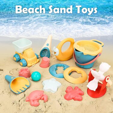 Sanlebi 17-Piece Beach Sand Toy Set with Water Wheel, Beach Buggy, Bucket, Mesh Bag, Sand Molds, Soft Plastic Toy Beach for Kids Boys Girls