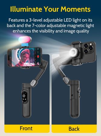 Стабілізатор для смартфона AOCHUAN 3-осьовий з функцією розпізнавання обличчя, вбудованим світлом, 1/4 дюйма, для iPhone 16/15 Pro, Android, TikTok - Smart X Kit, Чорний