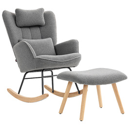 HOMCOM Rocking Chair with Ottoman, Soft Fleece Upholstery, Wooden Legs, Cushion, High Back, Rocker, Dark Grey