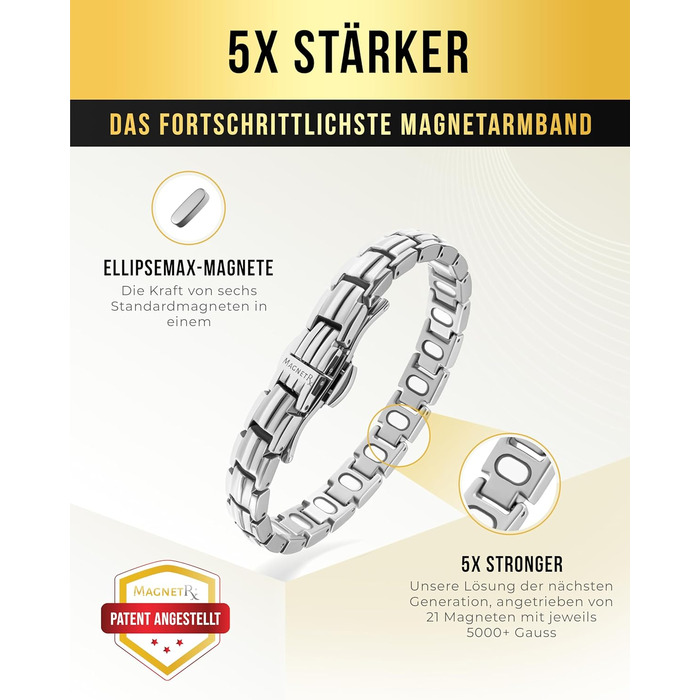 Браслет на руку MagnetRX® Ultrastarkes Titan Magnetarmband для жінок – титановий браслет з магнітами, регульована довжина, інструмент для визначення розміру, сріблястий (5x Strength)
