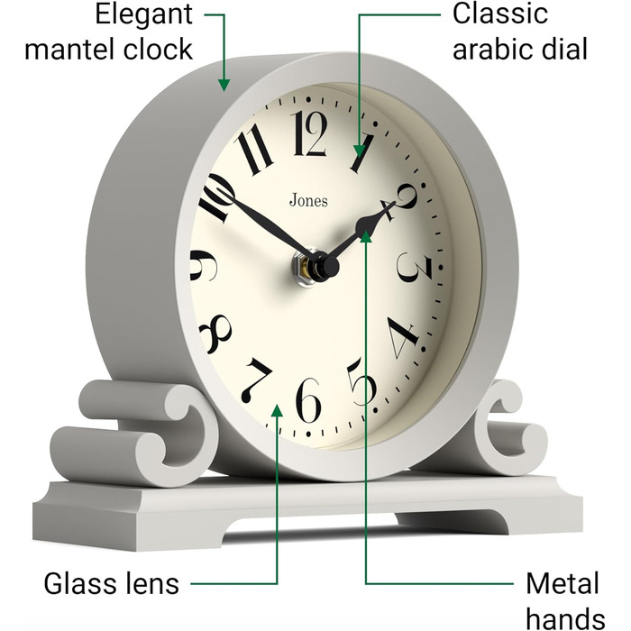 JONES CLOCKS® Saloon Table Clock | Traditional Double Scroll Design | Green | Contemporary Classic Style for Desk, Table, Shelf or Nightstand (Gray)