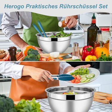 Набір салатниць Herogo з кришками, 5 шт., нержавіюча сталь, об'єм 4,5л/2,7л/1,5л/1,2л/0,7л, стекуються, для кухні, змішування та сервірування, включає аксесуари для випічки, придатні для миття в посудомийній машині (блакитний)
