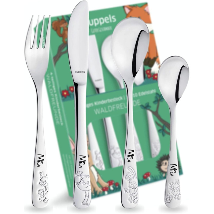 Дитячий набір столових приборів Kinderbesteck Waldfreunde з гравіюванням імені - персоналізований посуд - унікальний хрещення для хлопчика/дівчинки - 4-х предметний набір