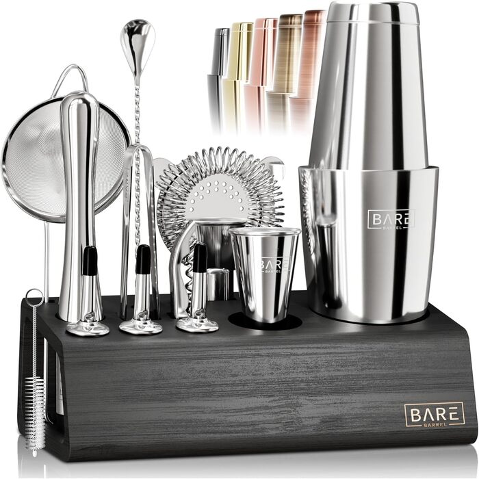 Bare Barrel Pro Cocktail Set - 14-Piece Boston Shaker Bar Set with Stand & Recipe Cards - Jet Black & Silver