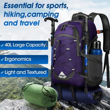 IGOLUMON Hiking Backpack for Men and Women, 40L Waterproof Backpack, Lightweight Foldable Travel Backpack, Trekking Backpack with Reflective Stripes, for Cycling, Climbing, Mountaineering and Travel Sports (Purple)