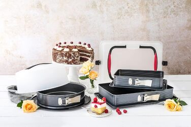 Zenker Springform with Transport Lid Ø 28 cm DELUXE, baking pan with enameled flat base and carrying lid, round cake pan for juicy cake to go (Color: Metallic Black), Quantity: 1 piece