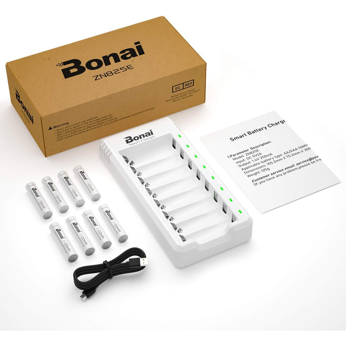 Зарядний пристрій BONAI для акумуляторів AA/AAA NI-MH з LED дисплеєм та USB, 8 слотів, швидка зарядка