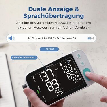 Тонометр на плече CheckMe з великим екраном, Bluetooth, виявлення аритмії, для вагітних та діабетиків, 22-45 см, чорний