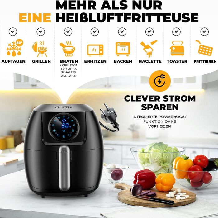 Аерофритюрниця Stillstern 5 л, LED-екран, 7 програм, 120 рецептів, 1800 Вт, без олії, чорна