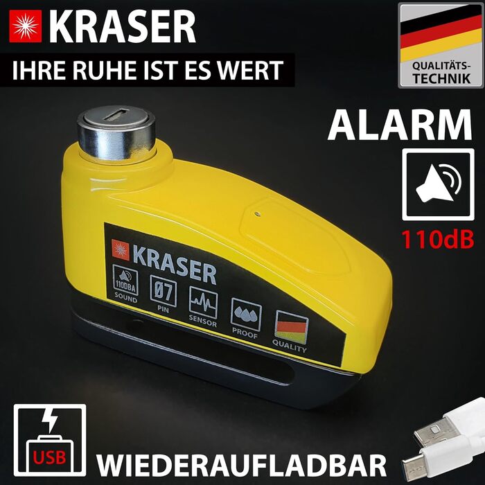Протиугінний замок KRASER KR7Y на гальмівний диск для мотоцикла з сигналізацією 110 дБ, акумуляторний, зарядка USB Type-C, універсальний Ø7 мм