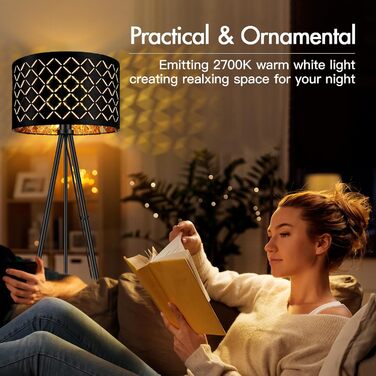 Стійка LED лампа AUQUEE для вітальні, 6W, чорна, сучасна тринога з декоравим абажуром та вимикачем на ніжці, ретро лампа для читання, для вітальні, спальні