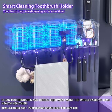 Тримач для зубних щіток на стіну з дозатором пасти, Smart Clean з сонячною зарядкою, набір 3 склянки та тримач для рушників, сірий