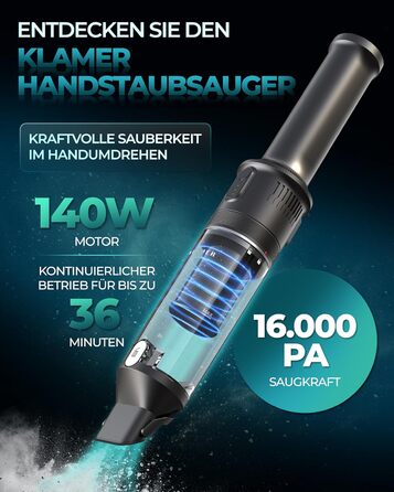 Акумуляторний ручний пилосос KLAMER 140W, 16000 PA, 36 хв роботи, без мішка, для дому, офісу та авто