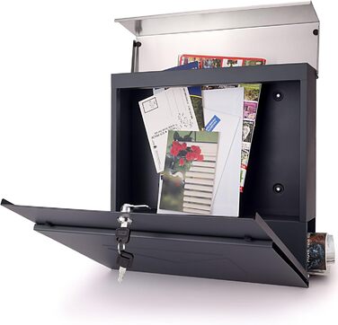 Поштовий ящик Verda з газетницею, нержавіюча сталь, антрацит, 37x37x11 см, з вікном, ключами та табличкою для імені - сучасний вуличний поштовий ящик