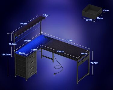 Ігровий стіл Coleshome з LED підсвічуванням, 130 x 100 см. Реверсивний стіл з шухлядами та розетками, кутовий стіл з полицею та місцем для зберігання, чорний