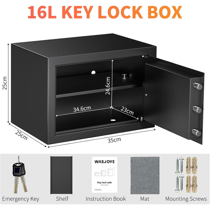 Сейф настінний Safe Tresor WASJOYE з ключем 19L для грошей, коштовностей, документів (25x35x25 см)