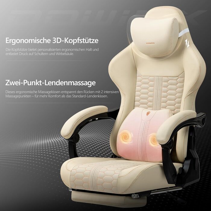 Ігровий крісло Dowinx Big and Tall з масажем попереку, підставка для ніг, ергономічне, PU шкіра, 180 кг (Бежевий)