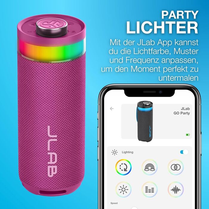 JLab Go Party: Портативна Bluetooth колонка з RGB підсвіткою, IP56 (10W, 16+ годин, Mulberry)
