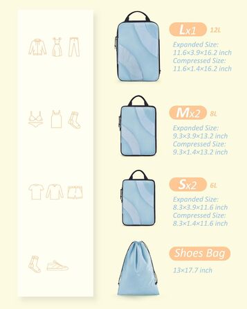 Органайзери для валізи BAGSMART компресійні (6 шт.), блакитний - набір кубиків для подорожей, органайзер для ручної поклажі