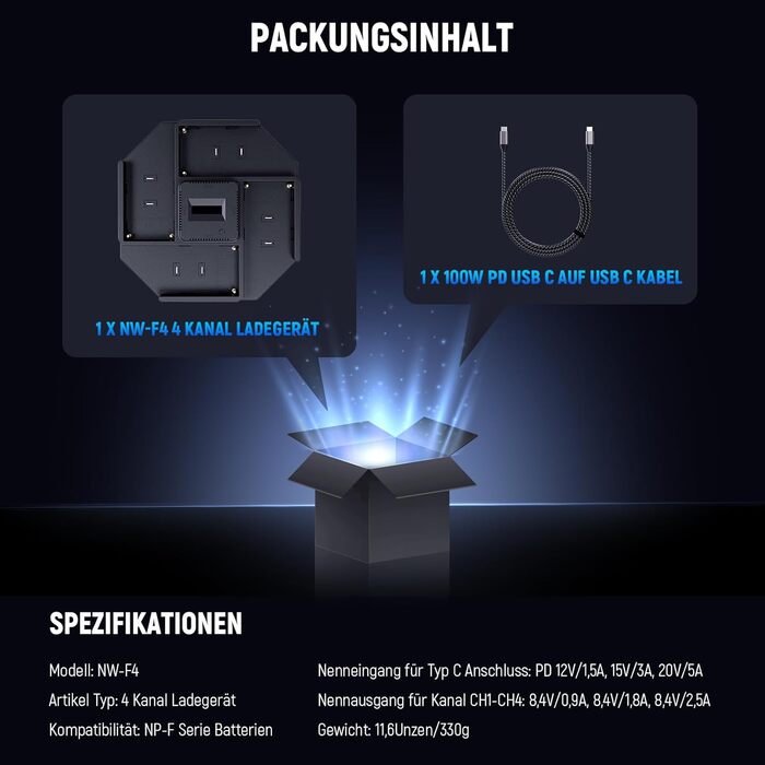 Зарядний пристрій NEEWER NP-F970 з 4 каналами для акумуляторів NP-F550/NP-F750, 100W PD, OLED дисплей, USB-C кабель