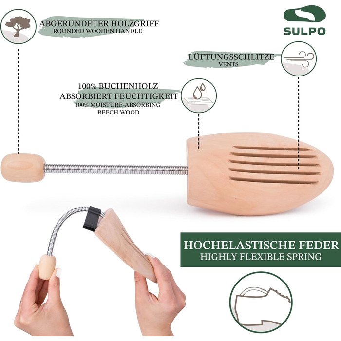 SULPO Shoe Stretcher Wood - Wood Shoe Stretcher Shoes Widening - Crease Protection for Shoes - Shoe Widener - Various Sizes - Shoe Stretcher for Women and Men